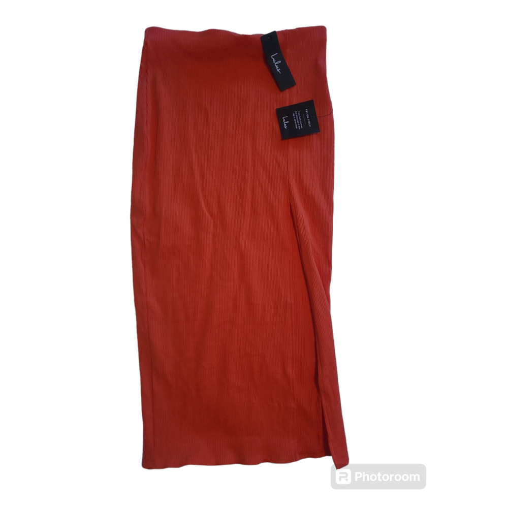 NWT Lulus Women’s Orange Ribbed Midi Skirt Bodycon Front Slit Medium